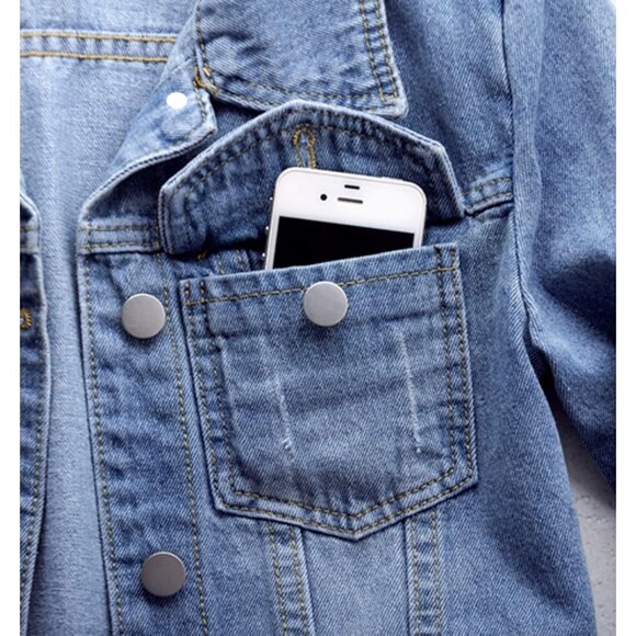 Women's Jean Jacket Distressed Ripped Denim Jacket Coat with Pockets Light Blue - Picture 5 of 6